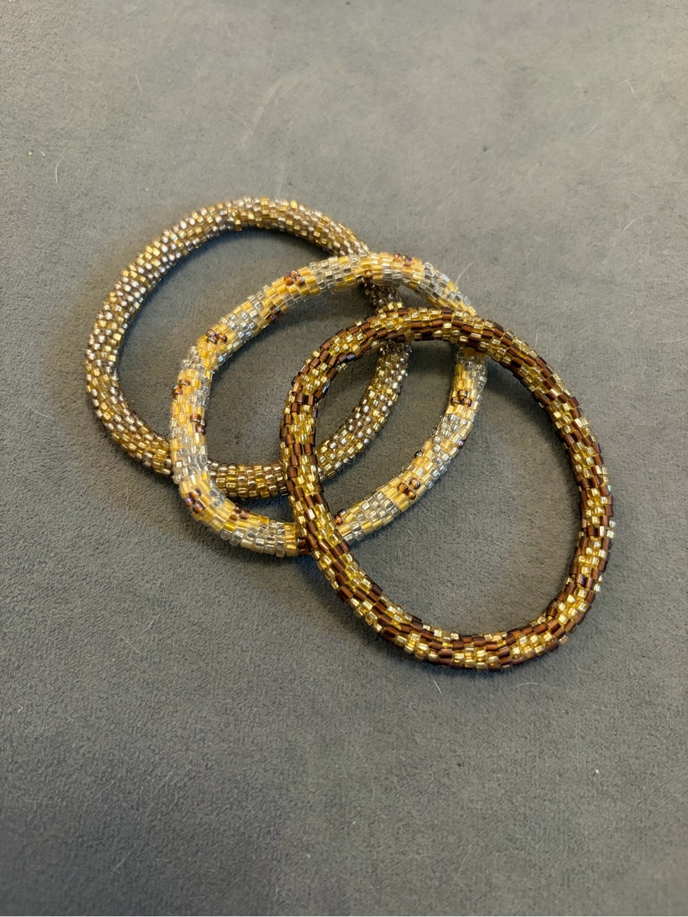 Three-Pack Gold, Brown & Cream Seed Bead Stretch Bracelets